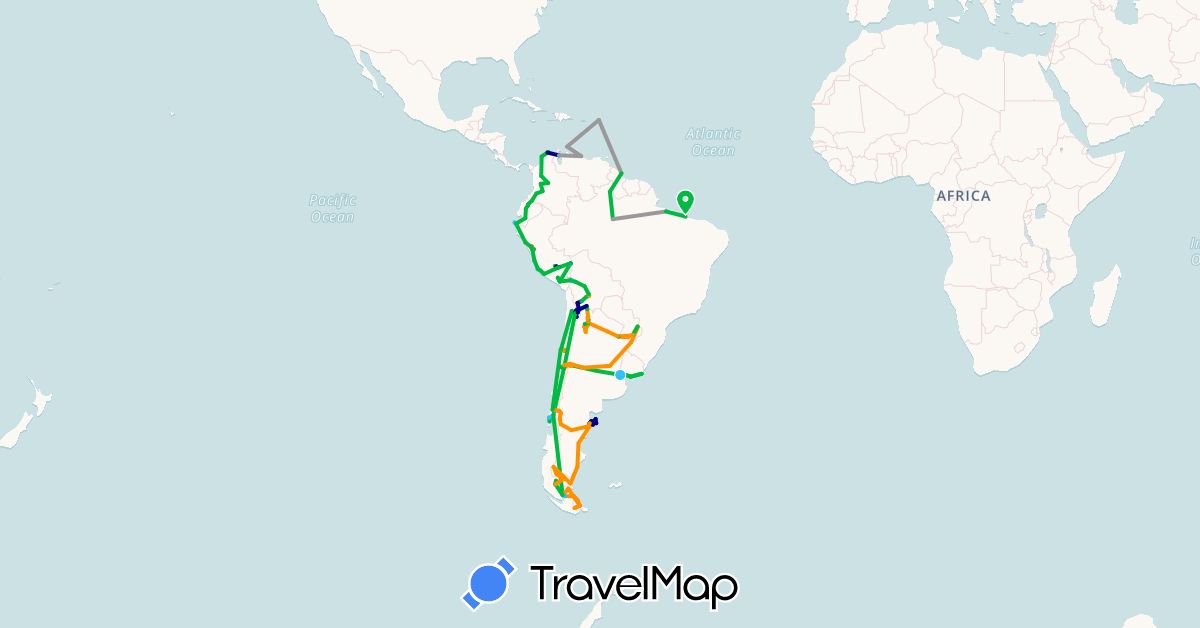 TravelMap itinerary: driving, bus, plane, hiking, boat, hitchhiking in Argentina, Aruba, Bolivia, Brazil, Chile, Colombia, Ecuador, Guyana, Saint Martin, Peru, Paraguay, Uruguay, Venezuela (North America, South America)